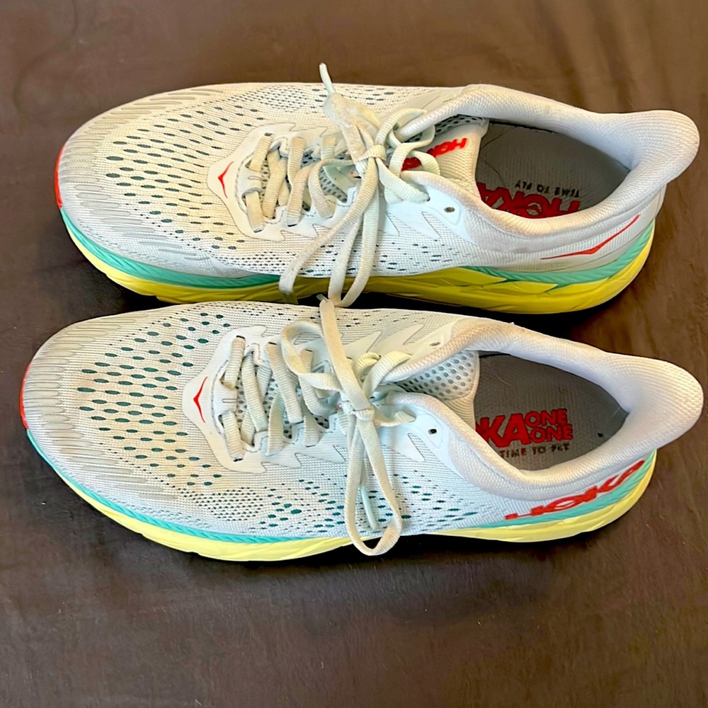 EUC Hoka women’s 8.5 tennis shoes.  Aqua blue color with pale yellow sole.